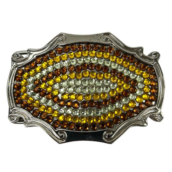 Orange White And Yellow Rhinestones Covering A Western Framed 3.5" Belt Buckle - Picture 1 of 2